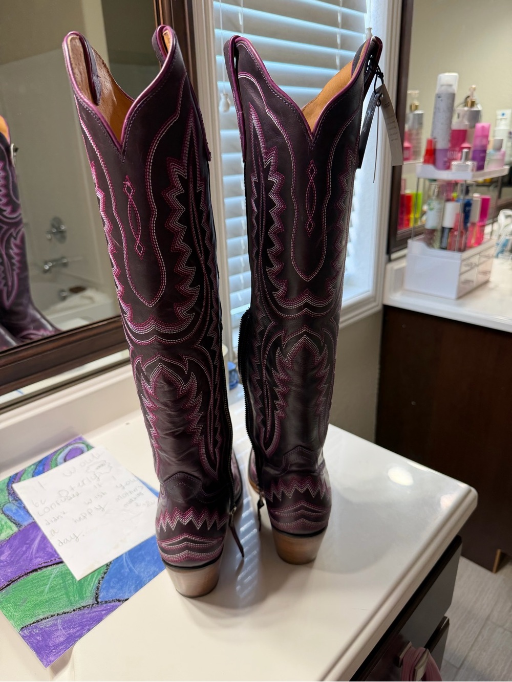 Ariat Casanova Deep Amethyst Western Knee-High Boots with Pink Stitching - Picture 3 of 6
